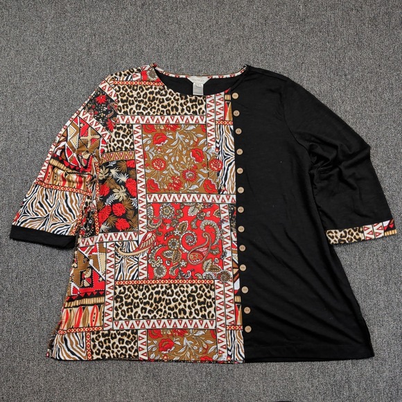 Multiples Boho Patchwork Mixed Print Top 1X Black Animal Floral Button Detail — photo 2